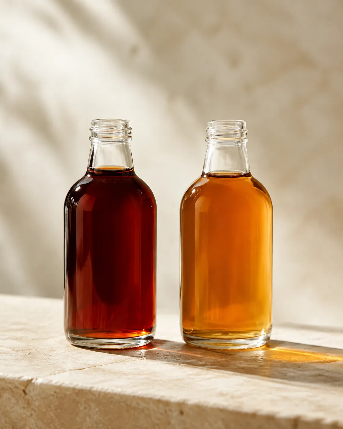 Two unlabelled glass bottles side by side, one of dark maple syrup and one of a paler thinner syrup