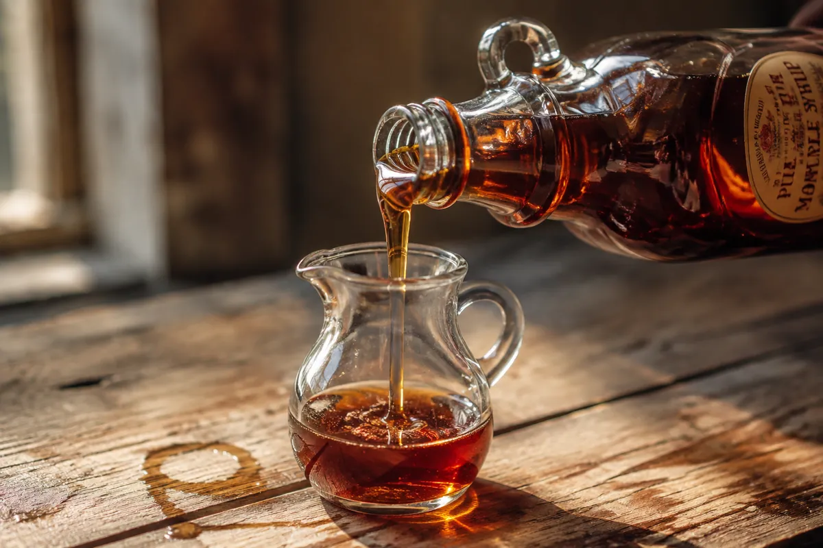 A bottle of dark amber maple syrup pouring into a glass jug