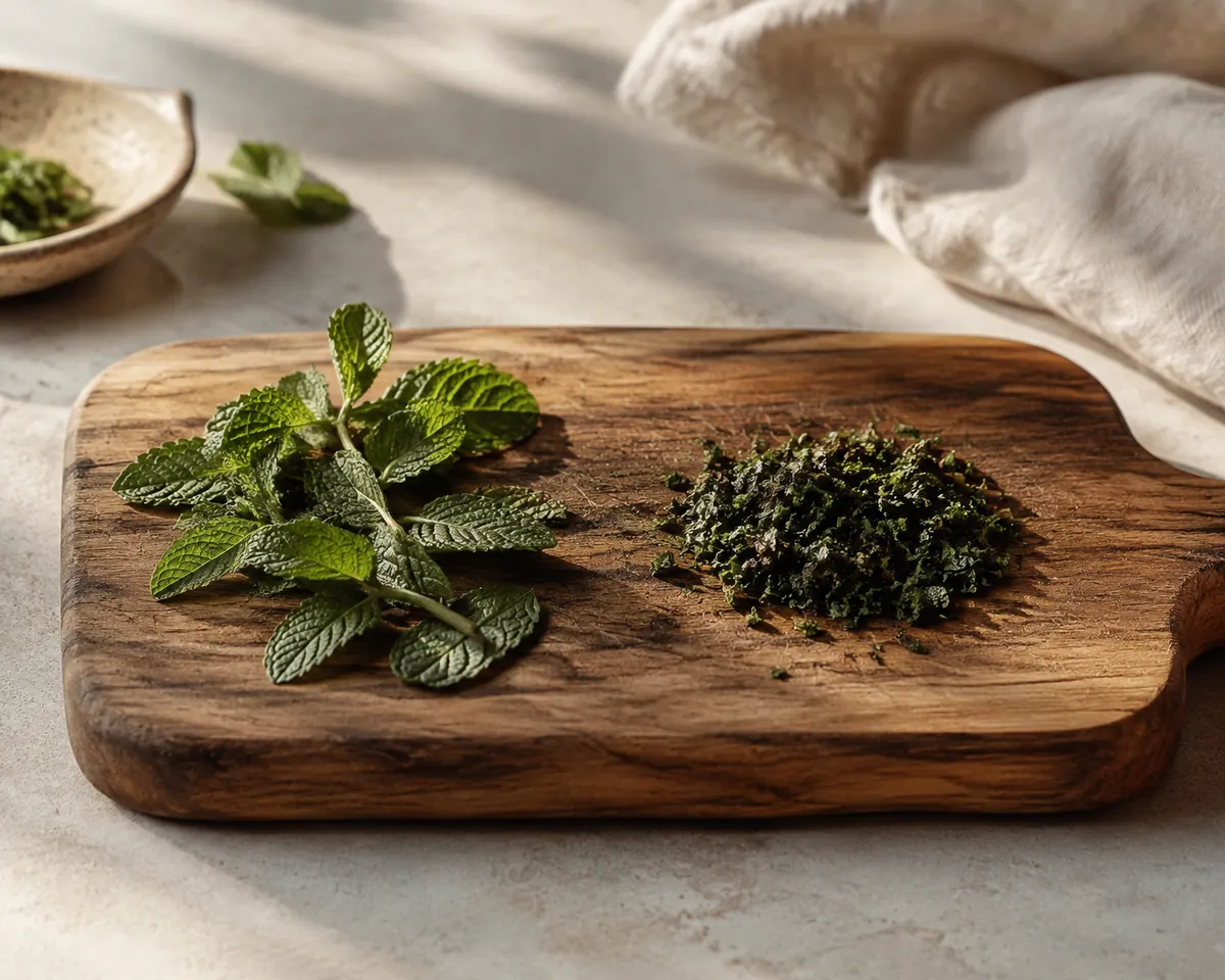 Two spearmint sprigs on a wooden board, the left whole and lightly pressed flat, the right finely chopped and darkening at the cut edges