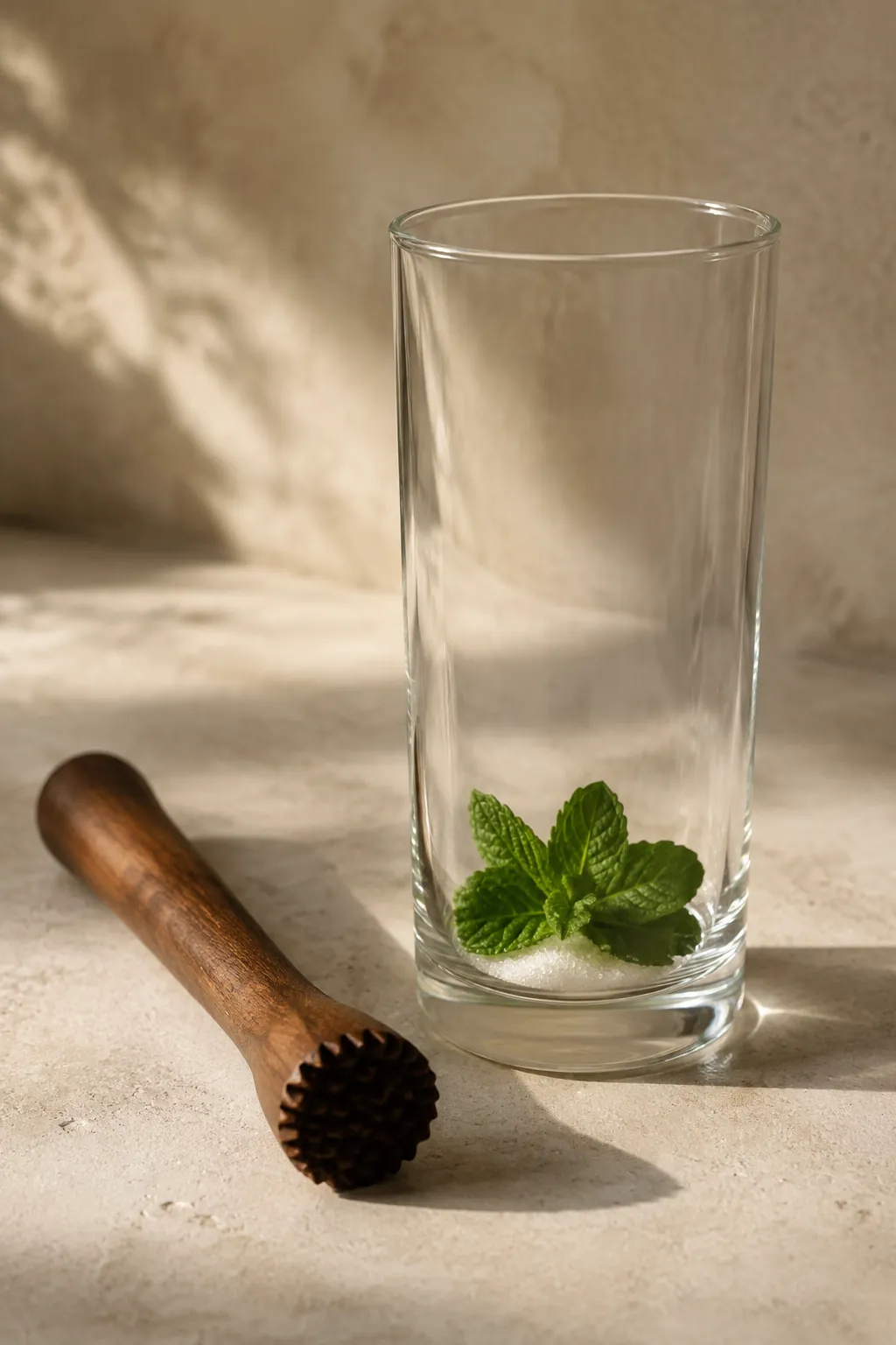 A tall empty glass with whole mint leaves and a pinch of sugar resting at the bottom before any ice or liquid goes in