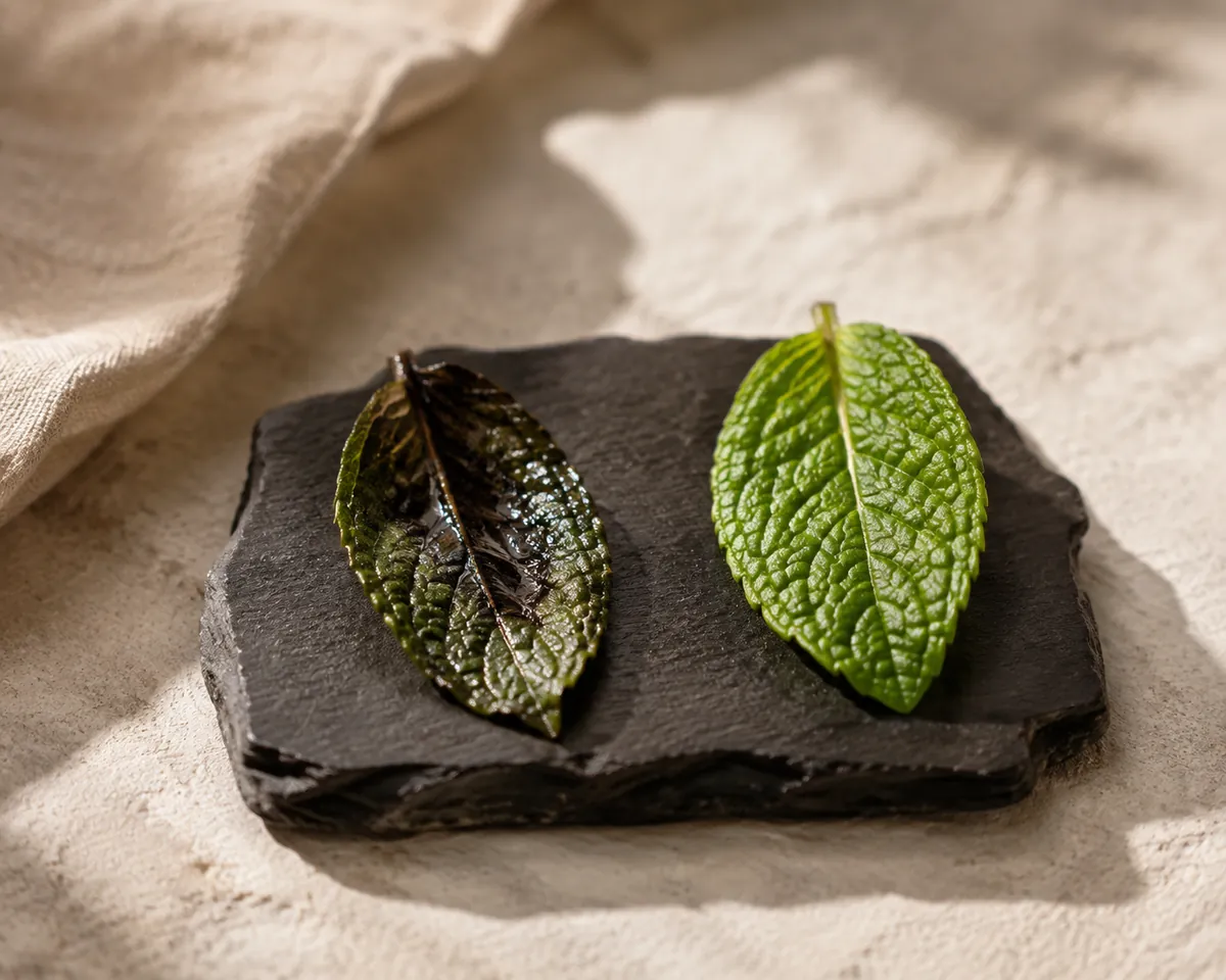 Macro of two mint leaves on dark slate, one blackened along a crushed fold and one with clean bright green edges