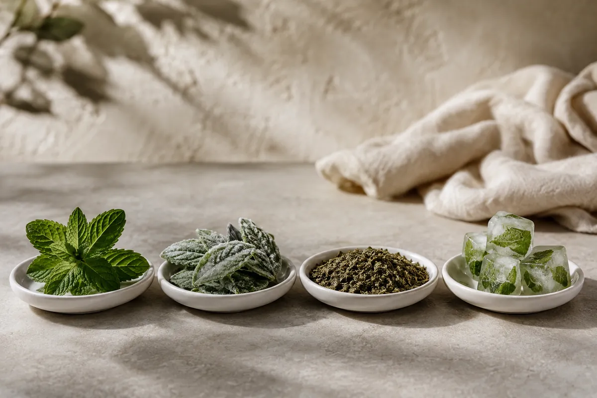 Four small dishes in a row holding fresh mint leaves, frost-covered frozen leaves, dried mint flakes and mint frozen into ice cubes