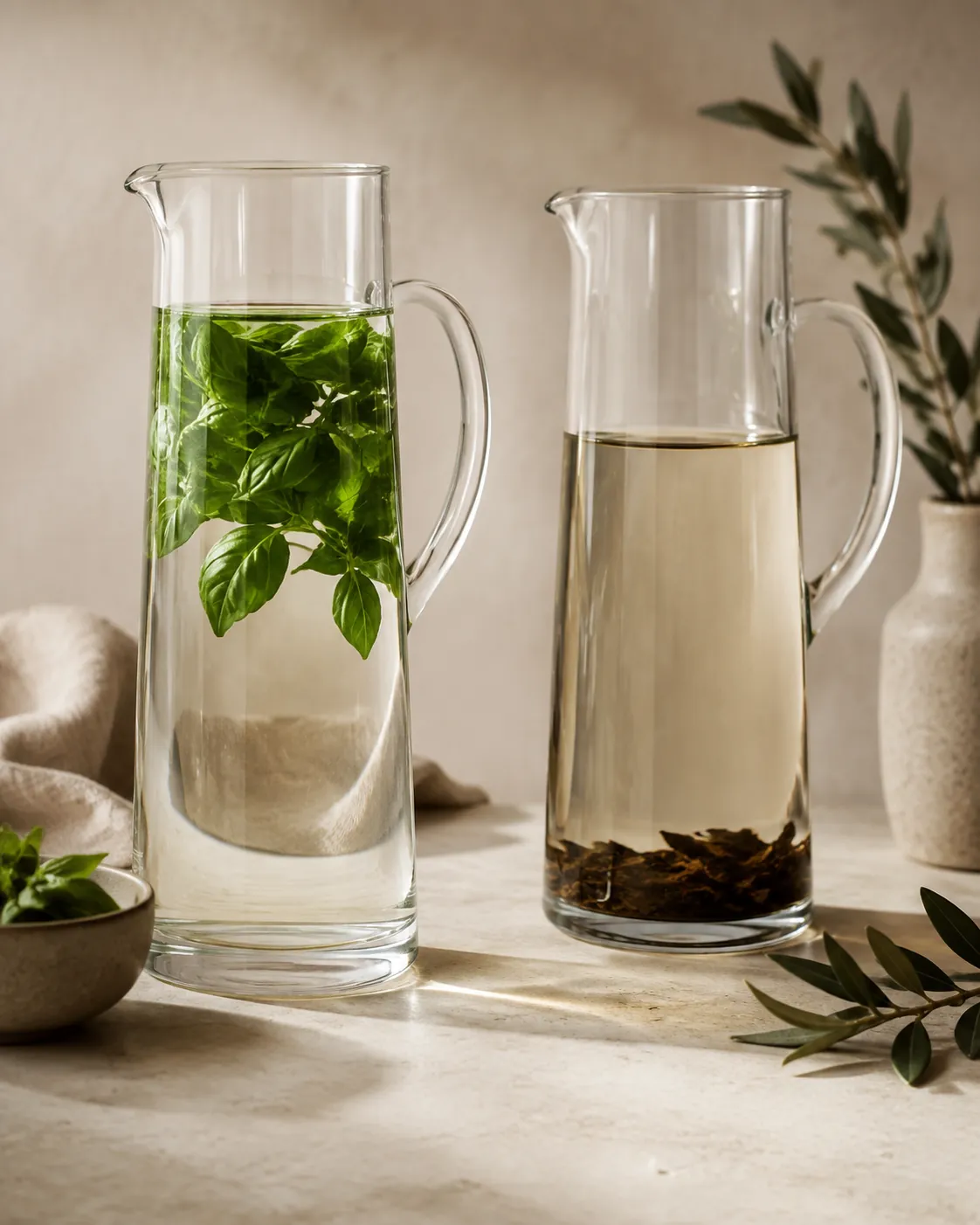 Two glass jugs of pale infused water side by side, one with bright green leaves and one where the leaves have gone dark olive