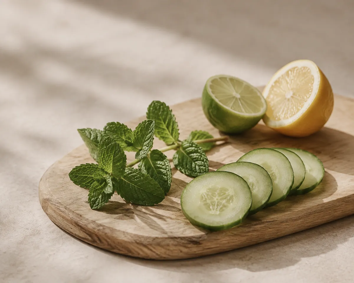 A sprig of mint on a wooden board beside thin cucumber slices, a halved lime and a halved lemon