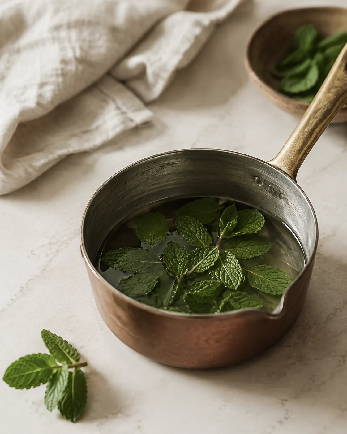 A small saucepan of clear sugar syrup off the heat with whole mint leaves resting on the surface