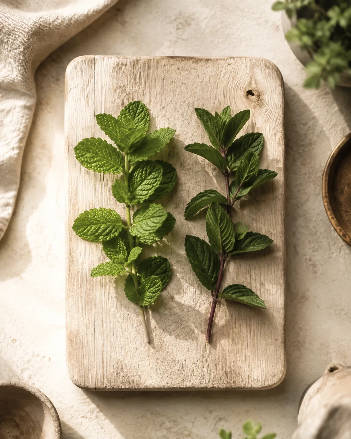 Two mint sprigs side by side on a pale board, one bright green and crinkled, the other darker with purple-tinged stems
