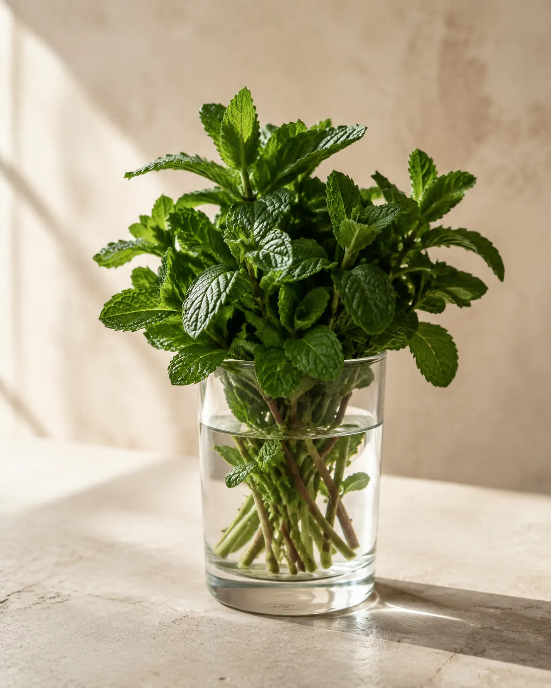 A fresh bunch of spearmint standing stem-down in a glass of water on a pale counter