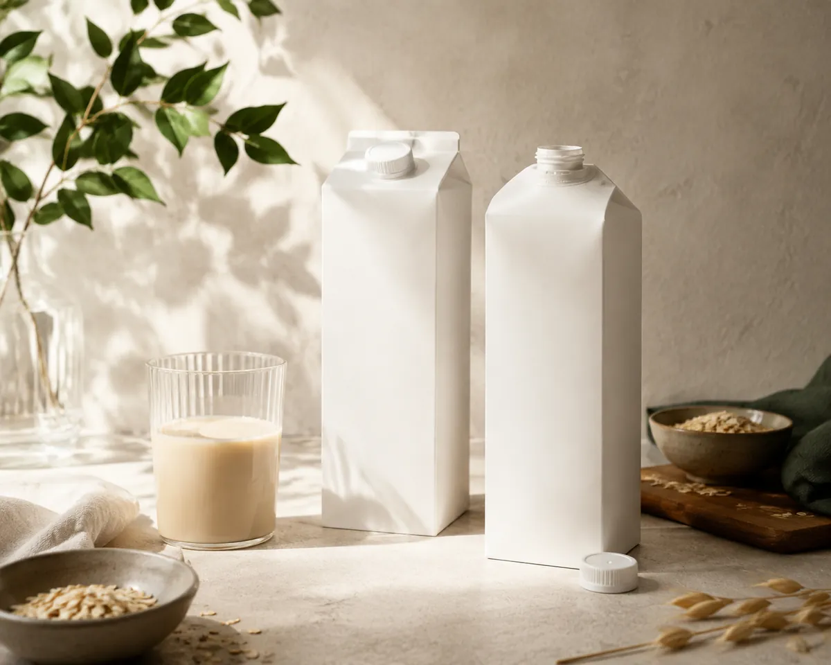 Two plain unprinted cartons standing on a fridge shelf, one closed and one with its cap off beside a half-filled glass