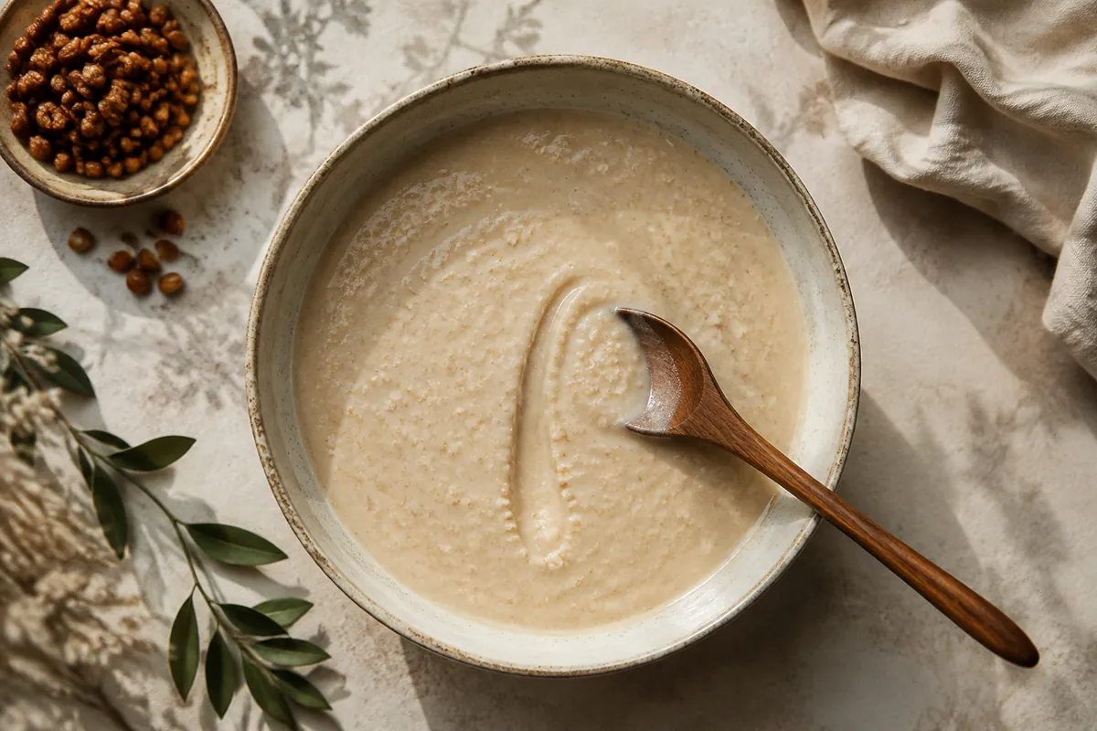 A pan of oat slurry part way through conversion, thin and pale, with a spoon drawn through it