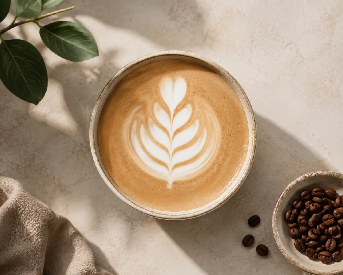 A flat white poured with oat milk seen from above, a clean white rosetta on light brown crema