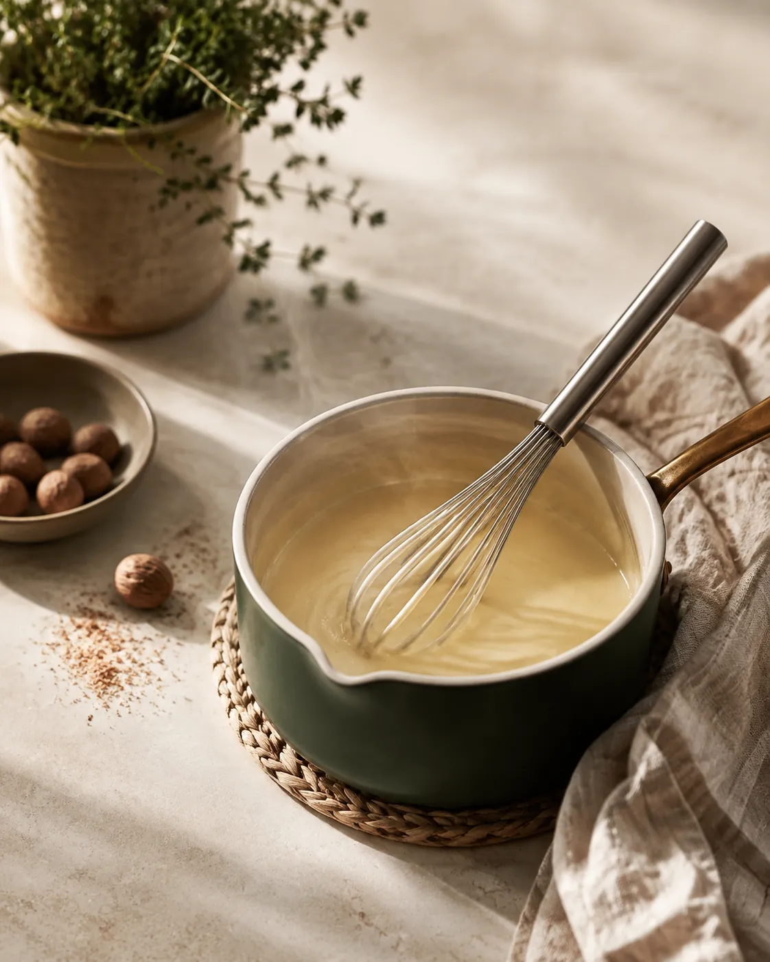 A small saucepan of pale sauce thickening with a whisk resting in it