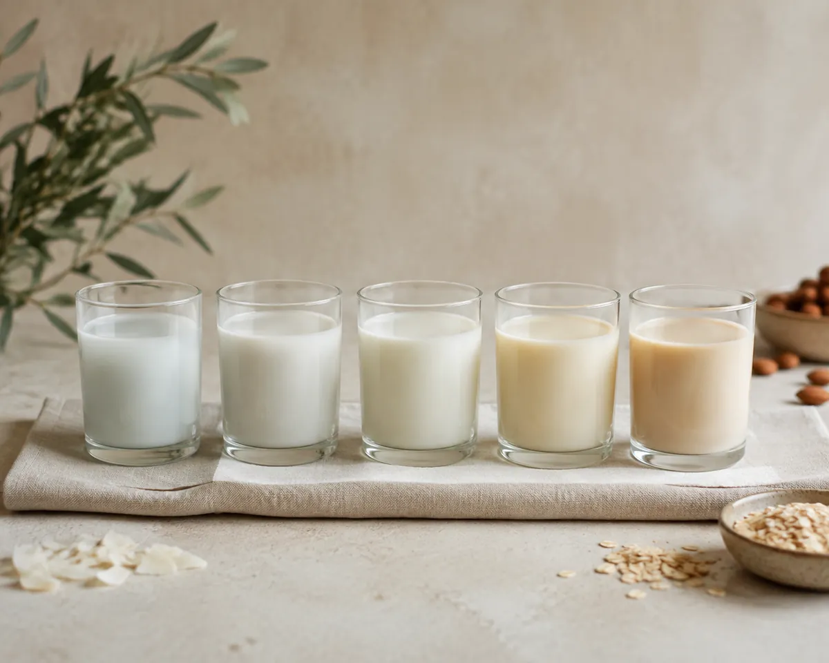 Five small glasses in a row holding plant drinks of slightly different colour and opacity, from thin translucent white to a creamier beige
