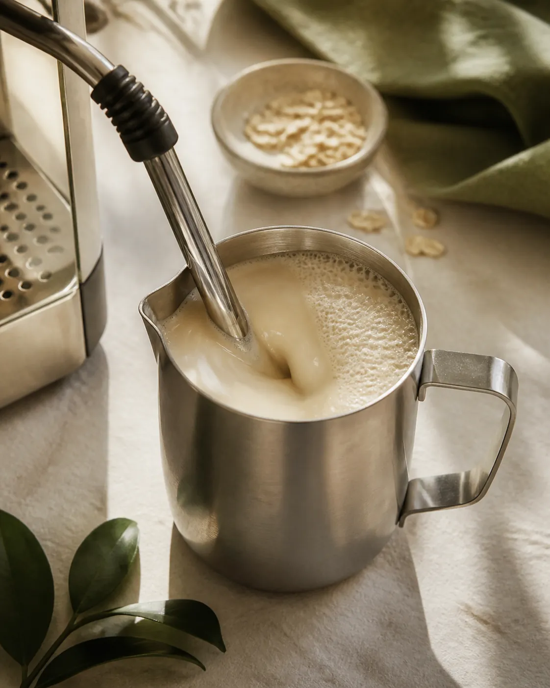 A steam wand tip just under the surface of a steel jug of oat milk, the liquid spinning in a whirlpool with fine foam forming at the edge