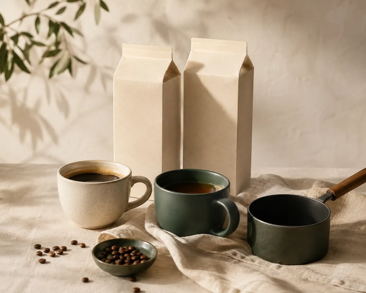 Two plain cartons standing behind a coffee cup, a tea mug and a small pan on a warm linen cloth, all packaging blank