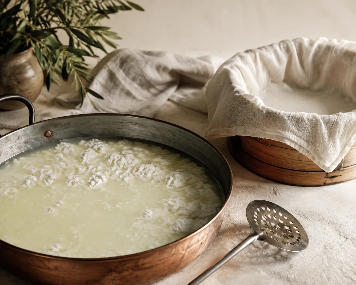 Soft white curds separating from pale whey in a wide pan beside a cloth-lined wooden mould and a slotted spoon