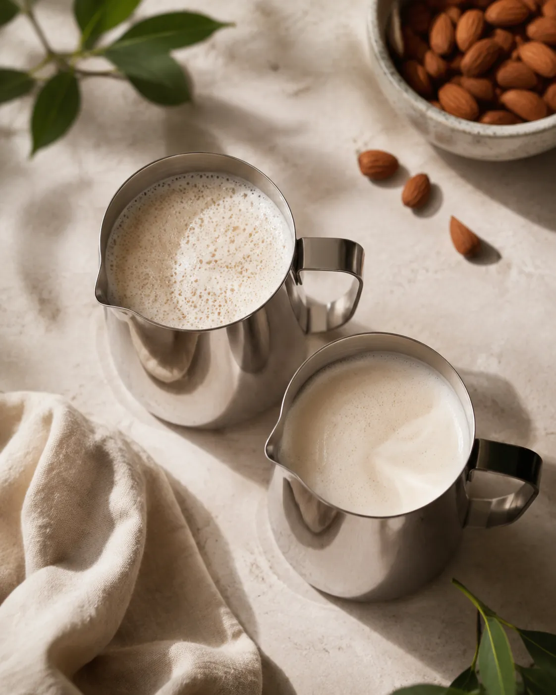Two steel jugs of textured plant milk photographed from above, both glossy, one with slightly looser foam than the other