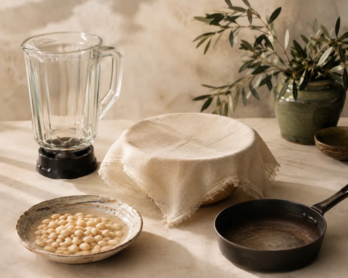 A blender jug, a square of muslin over a bowl, a small pan and a dish of soaked pale beans arranged on a kitchen counter