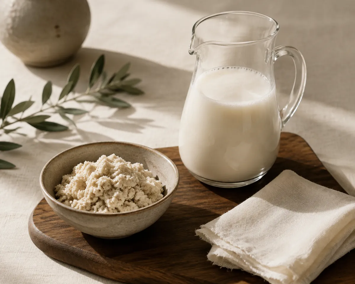 A bowl of pale crumbly pulp beside a jug of freshly strained plant drink on a wooden board, a square of muslin folded alongside