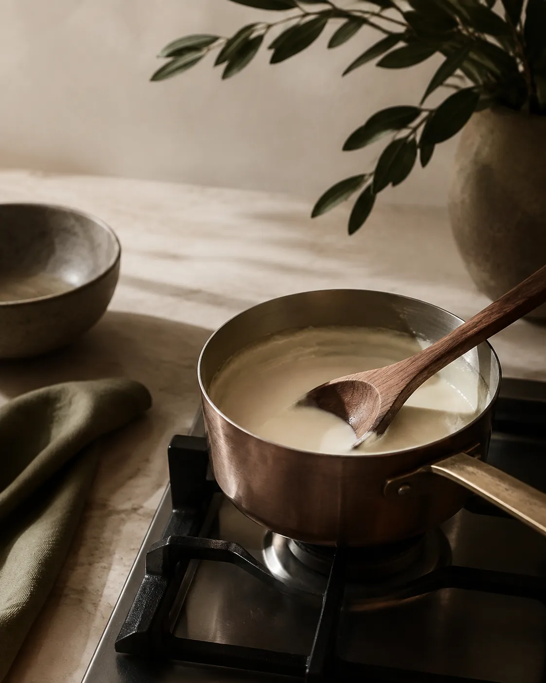 A small pan of pale liquid on a stove with a wooden spoon drawn through it, a thin skin forming at the edge of the surface