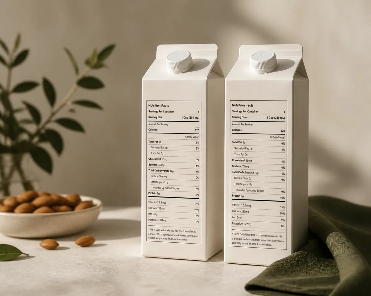 Two blank white nutrition panels printed on plain cartons photographed side by side on a bench, columns of figures legible and no brand marks