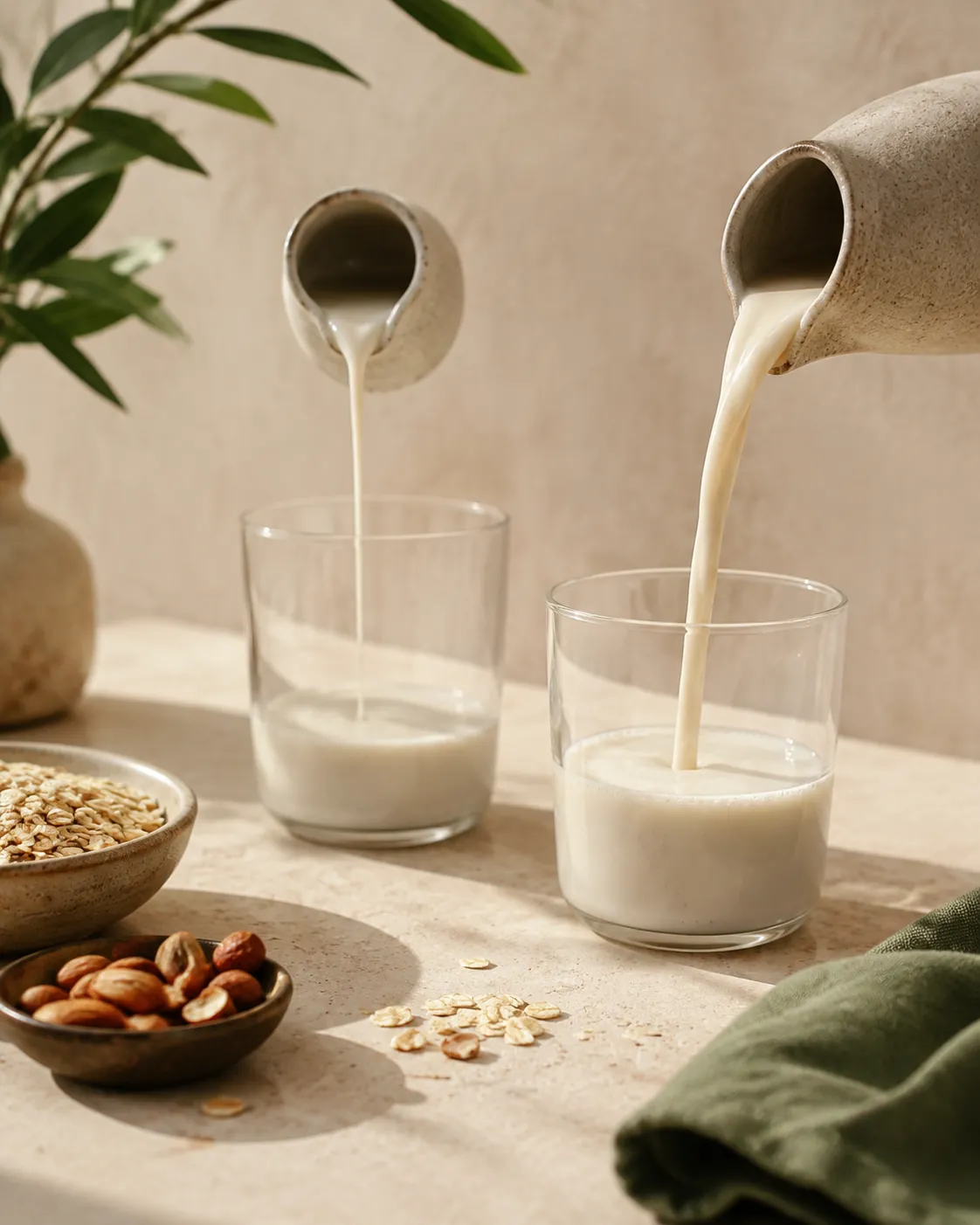 Two thin streams of pale plant drink pouring from small jugs into clear glasses on a pale bench, one visibly thicker than the other