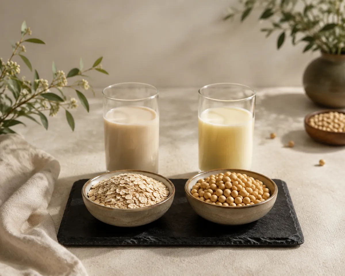 A small dish of rolled oats and a small dish of dried pale yellow soybeans side by side on dark slate, a glass of pale liquid behind each