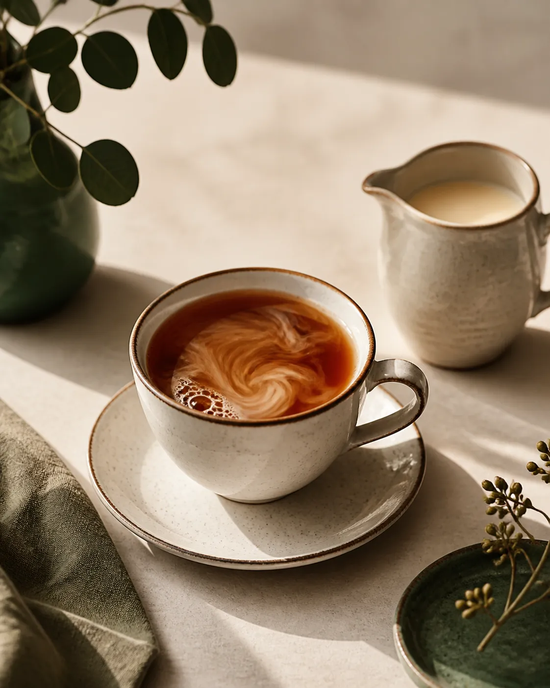 A cup of black tea with pale plant drink swirling into it, still marbled, on a saucer beside a small jug