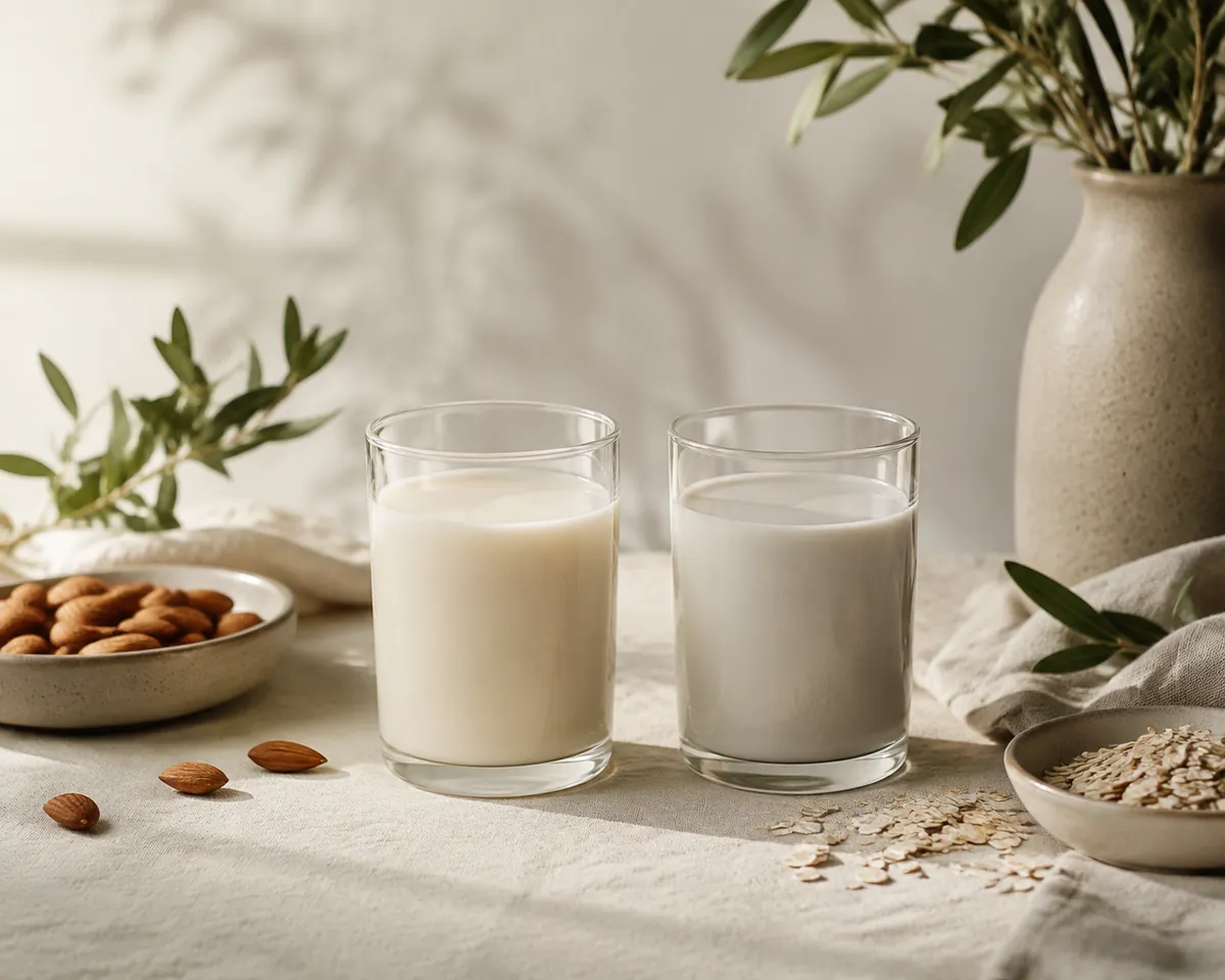 Two plain glasses of pale plant drink standing side by side on a linen cloth, the left slightly creamier and the right faintly greyer