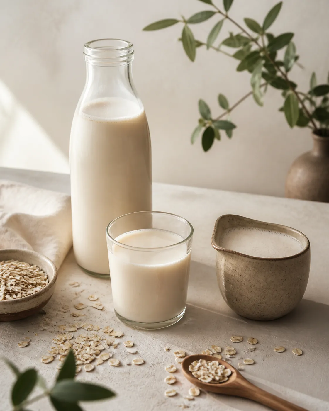 Oat drink being poured into a glass