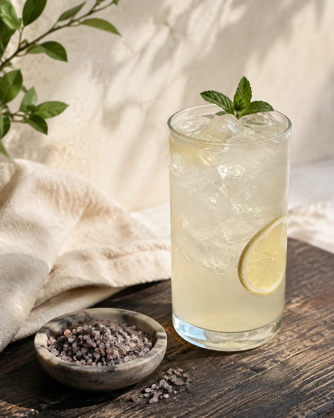 A small dish of coarse violet-grey black salt crystals beside a tall glass of cloudy pale lemon drink packed with ice