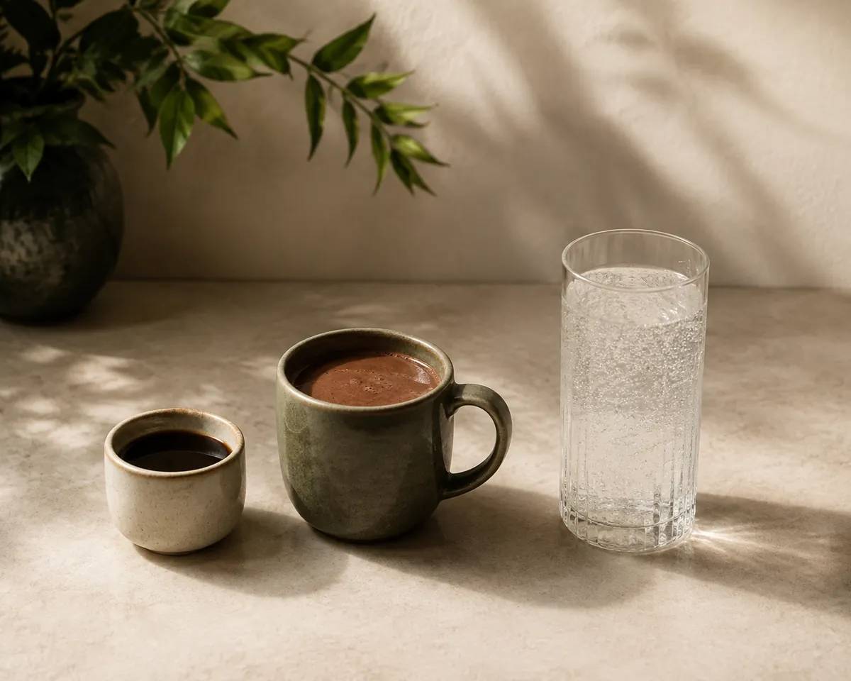 A cup of black coffee, a mug of dark cocoa and a tall glass of clear tonic water standing in a row on a dark counter