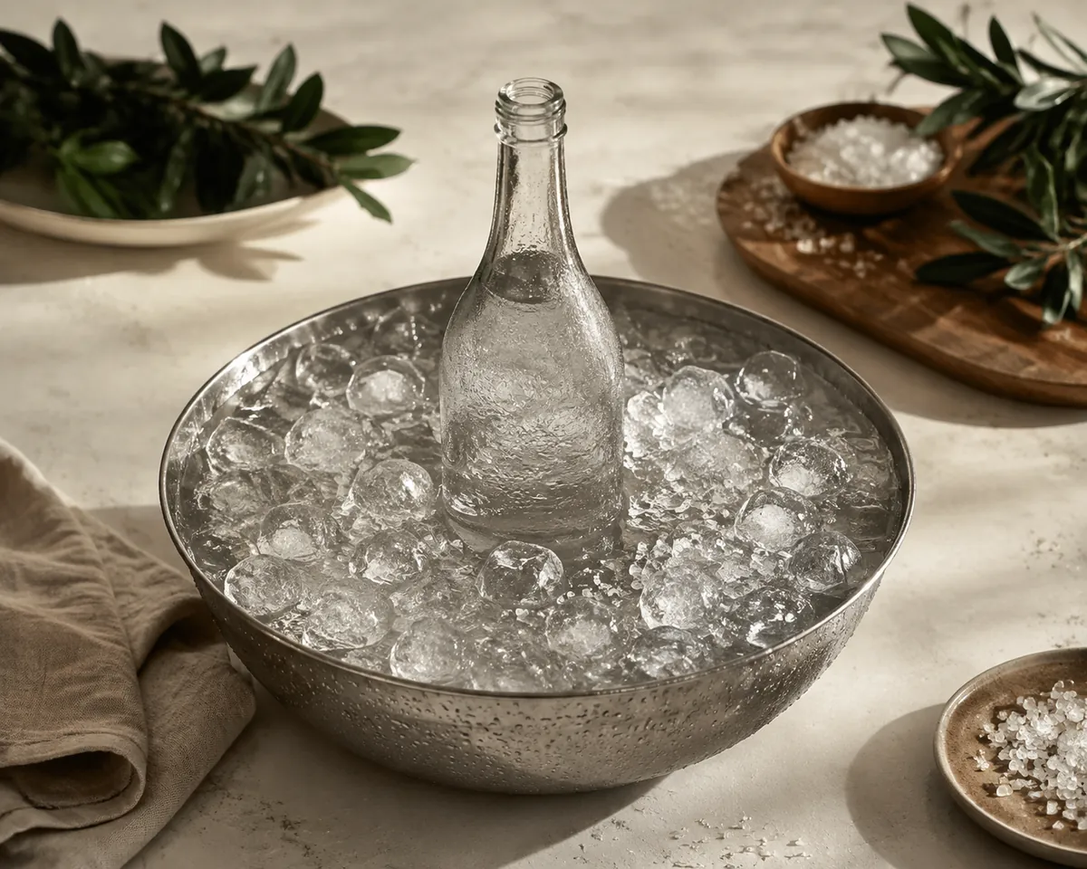 A steel bowl packed with ice, water and coarse salt with a plain unlabelled glass bottle standing upright in it