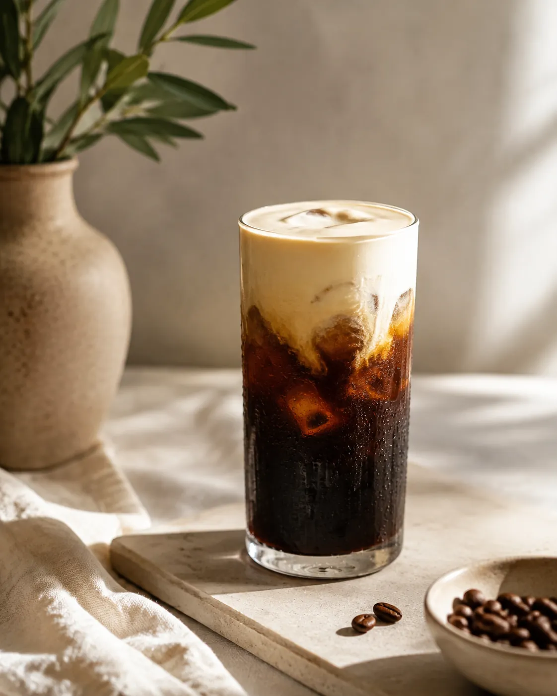 A tall glass of iced coffee with a thick pale salted cream layer floating on top
