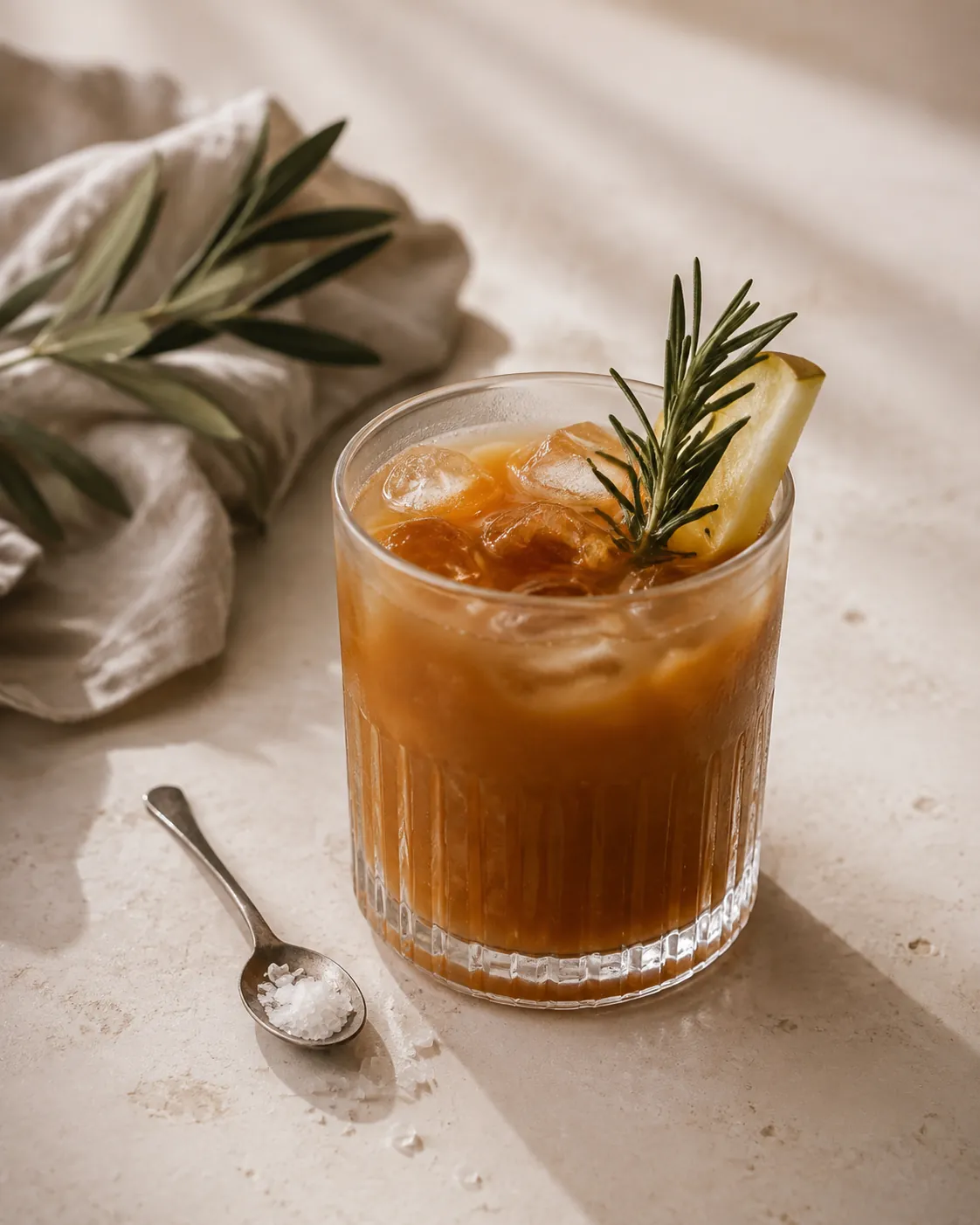A glass of caramel-coloured drink with a few coarse salt flakes resting on a spoon beside it