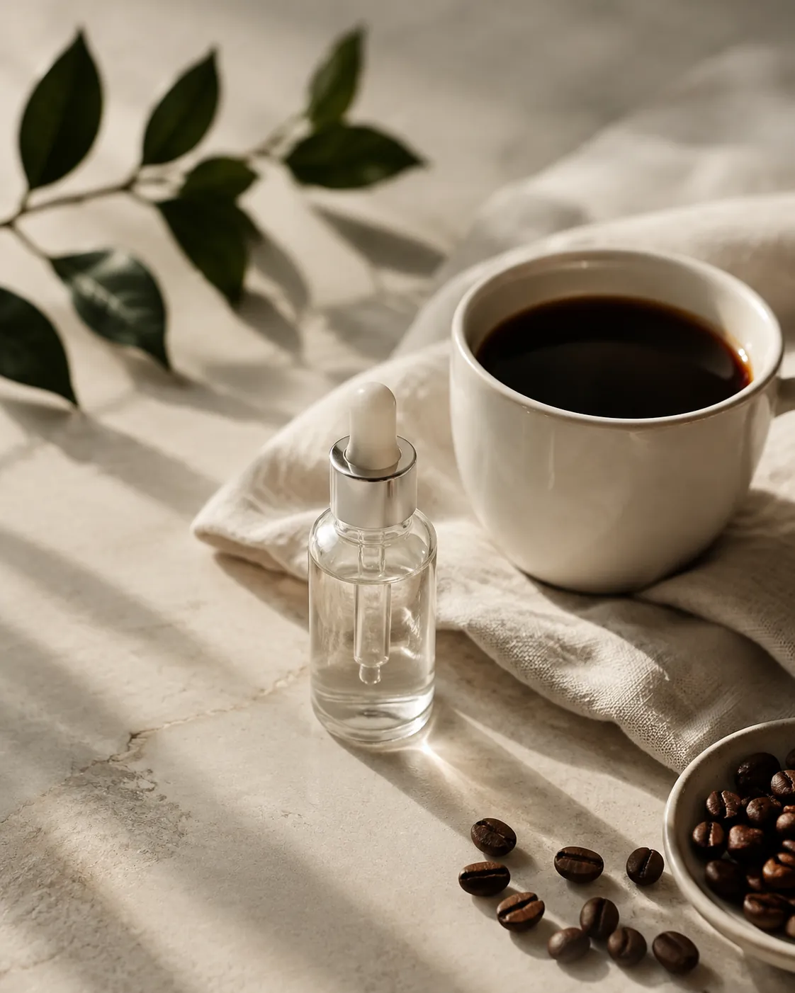 A small dropper bottle of clear saline solution standing beside a cup of black coffee