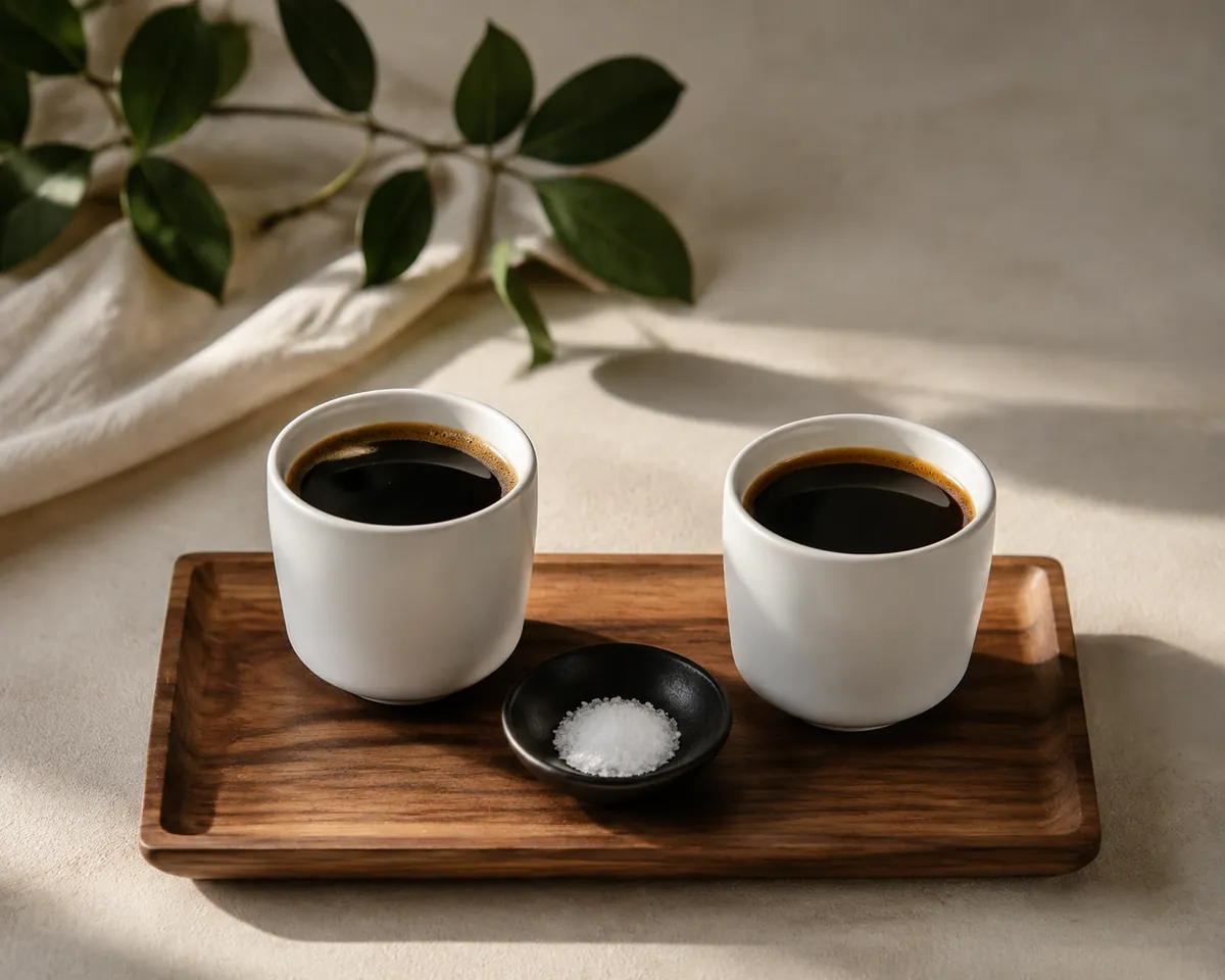 Two identical white cups of black coffee standing side by side on a tray with a tiny dish of fine white salt between them