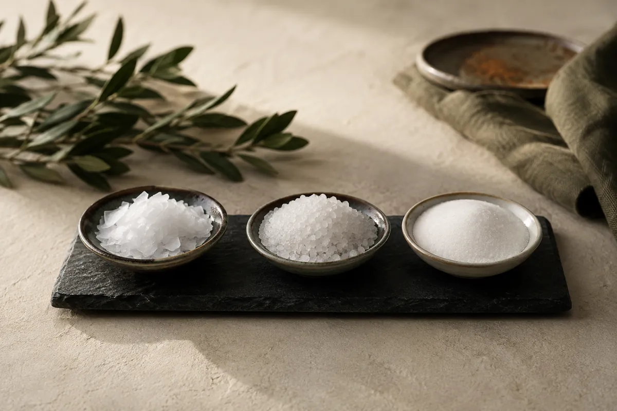 Three dishes of salt side by side, flaky pyramid crystals, coarse rock salt and fine table salt