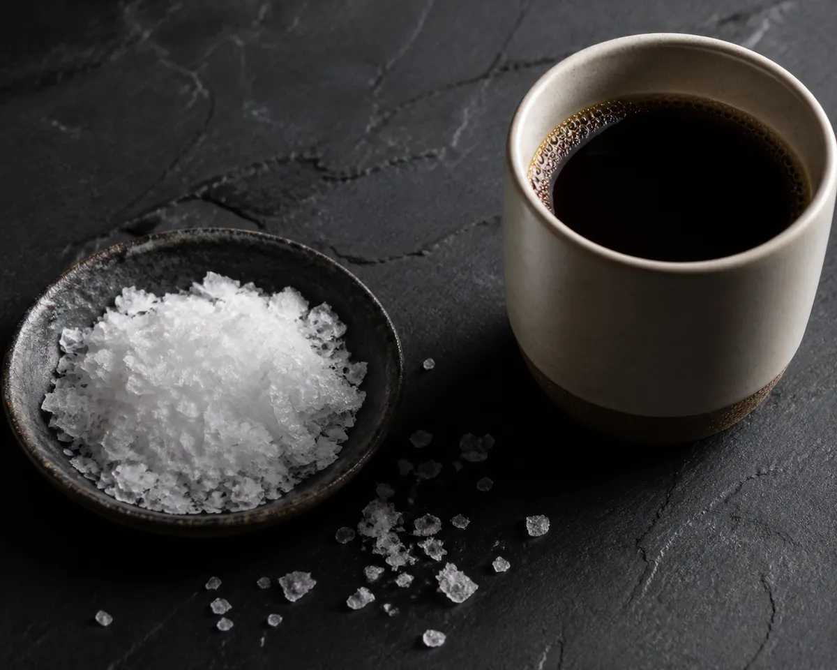 A small dish of flaky sea salt beside a cup of black coffee