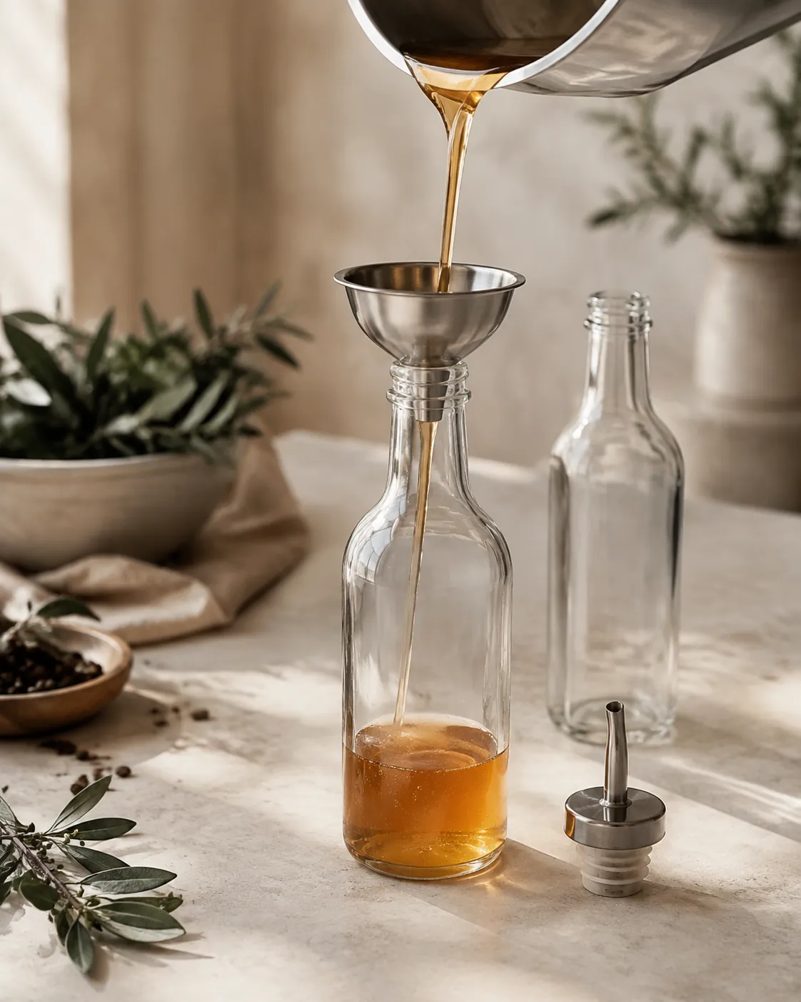 Warm clear syrup being poured through a small funnel into a clean glass bottle with a pouring spout