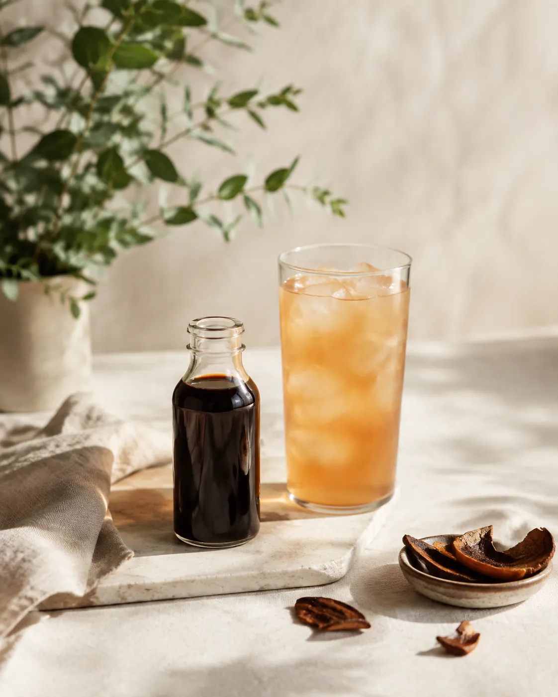 A bottle of cordial beside a tall glass of it diluted over ice, the colour difference obvious