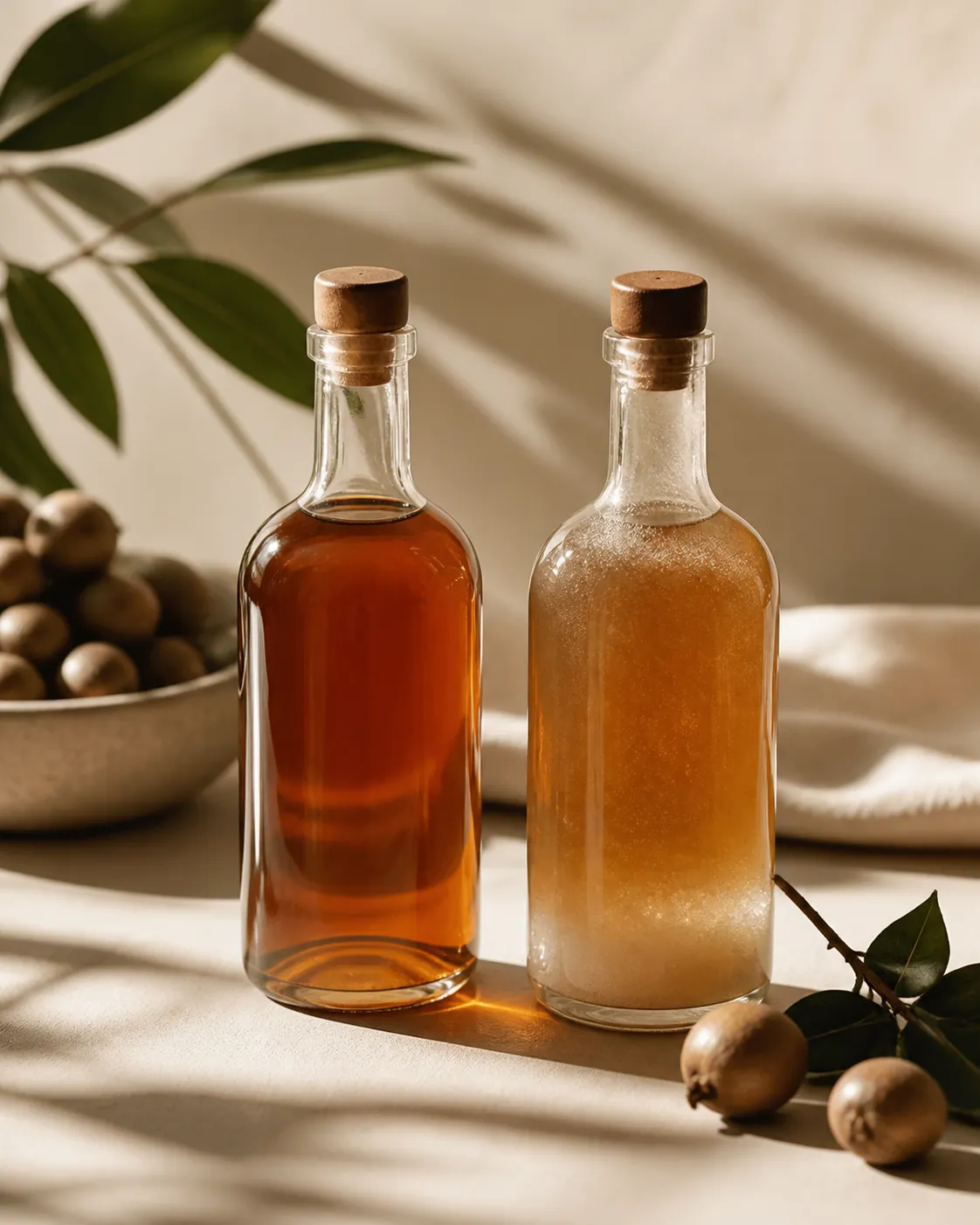 Two bottles of syrup, the left clear and the right clouded with sugar crystals settled at the base