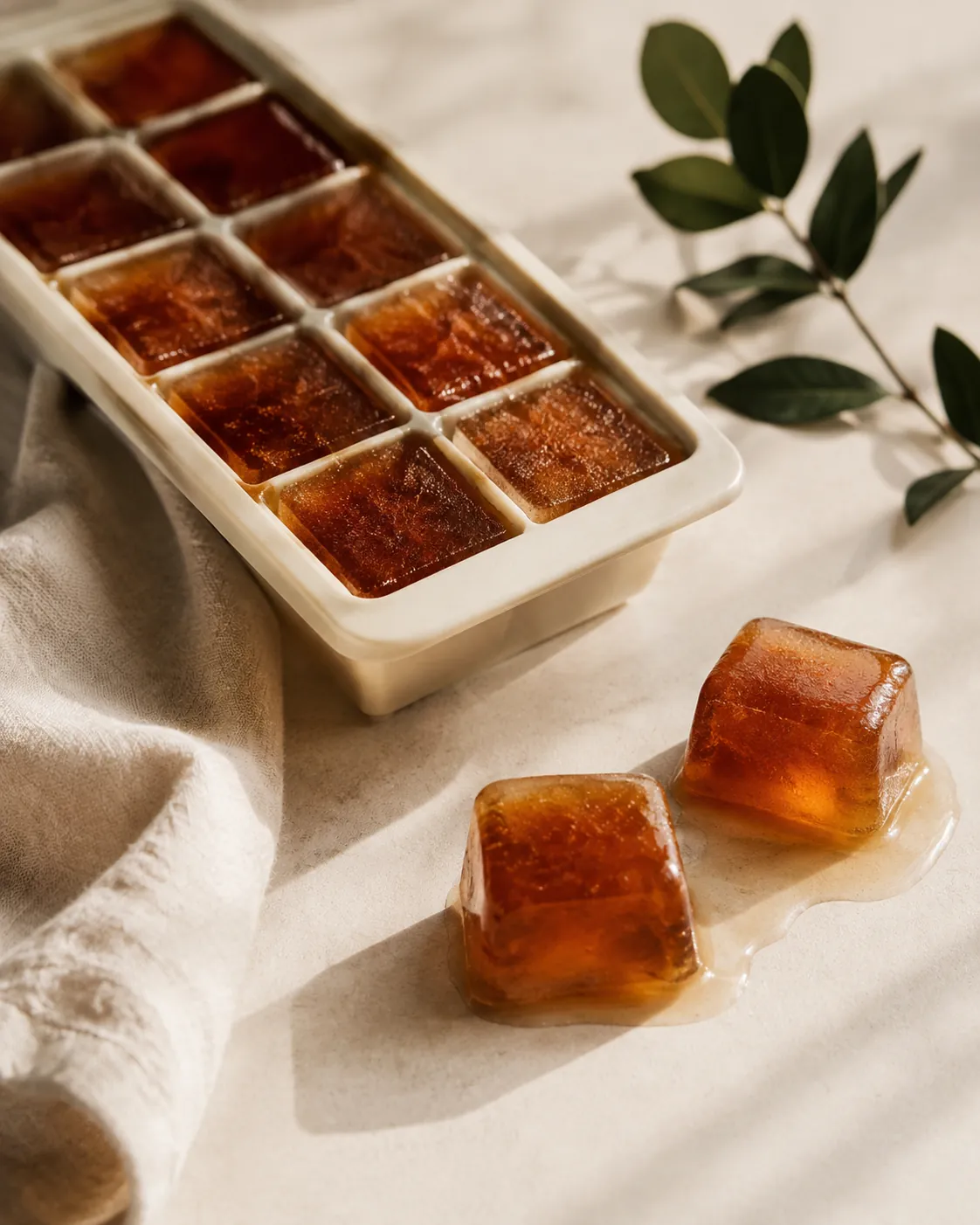 An ice cube tray of frozen amber syrup cubes with two turned out beside it on a pale surface, beginning to soften