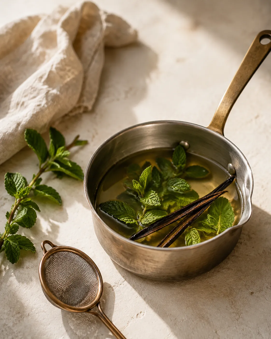 A small pan of clear warm syrup off the heat with mint sprigs and a split vanilla pod steeping in it, a fine strainer beside the pan