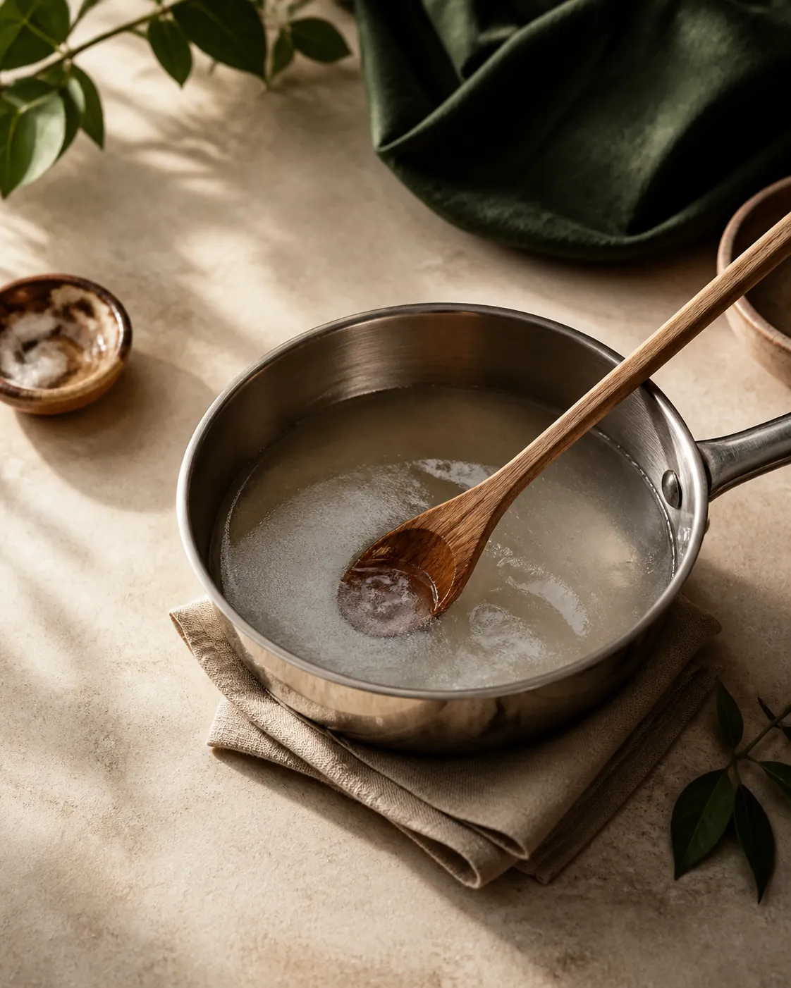 A small pan of syrup part way to clear, milky where the sugar is still dissolving