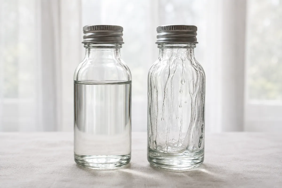 Two bottles of syrup backlit side by side, the left thin and watery, the right visibly thicker and clinging to the glass