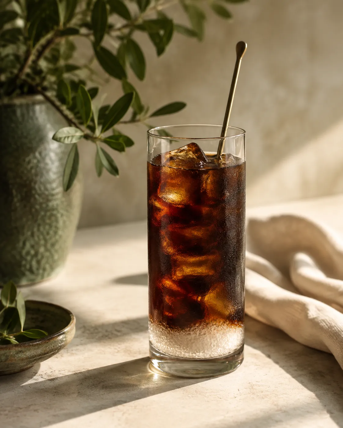 A tall glass of iced coffee with a spoon in it and a layer of undissolved sugar grains resting on the bottom