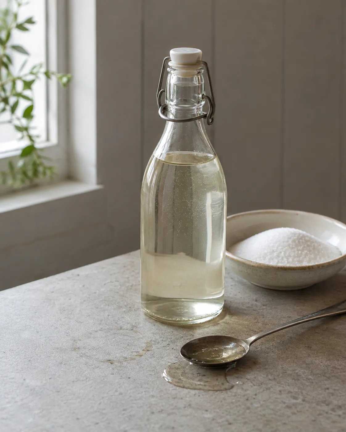 A glass bottle of clear simple syrup beside a bowl of granulated sugar