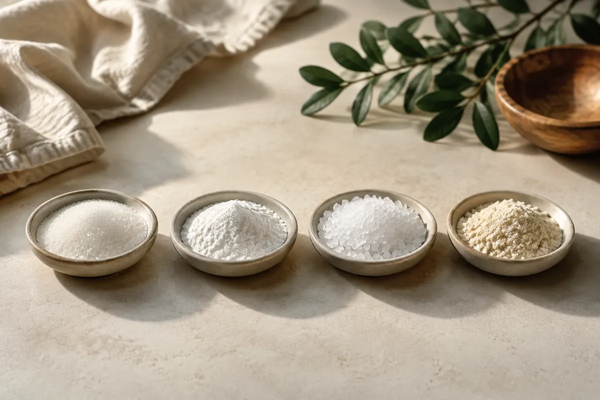 Four small unlabelled dishes in a row holding white sugar, fine white stevia extract, coarse erythritol crystals and pale monk fruit powder