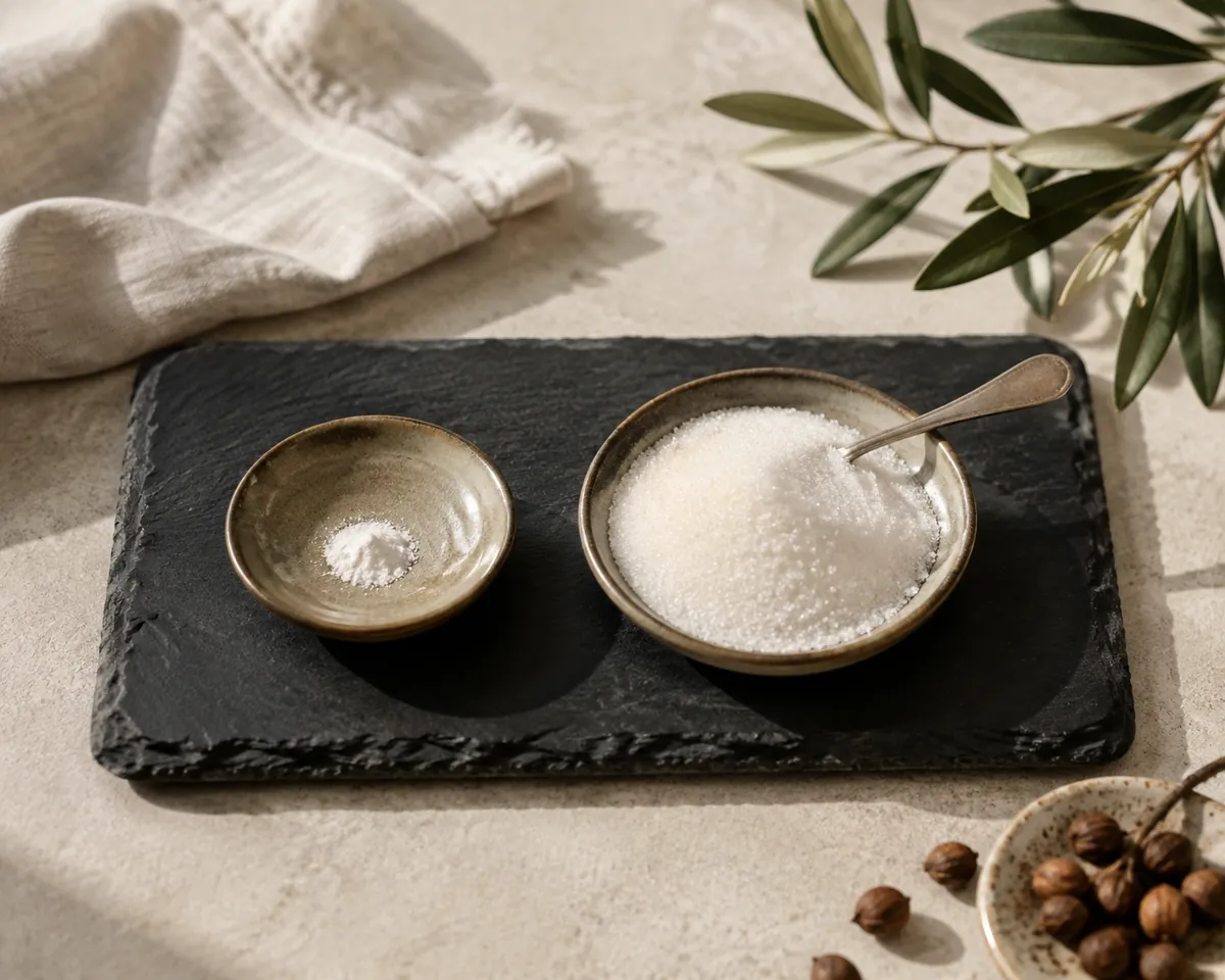 A tiny pinch of white powder in one small dish next to a heaped teaspoon of white sugar in another, both on dark slate