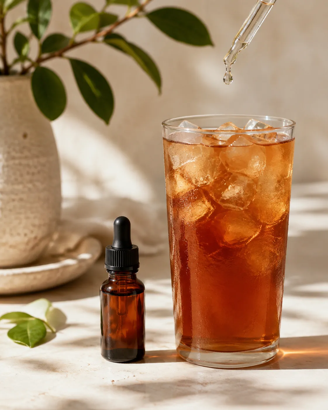 A small glass dropper bottle standing beside a tall glass of iced tea with a single drop hanging at the pipette tip